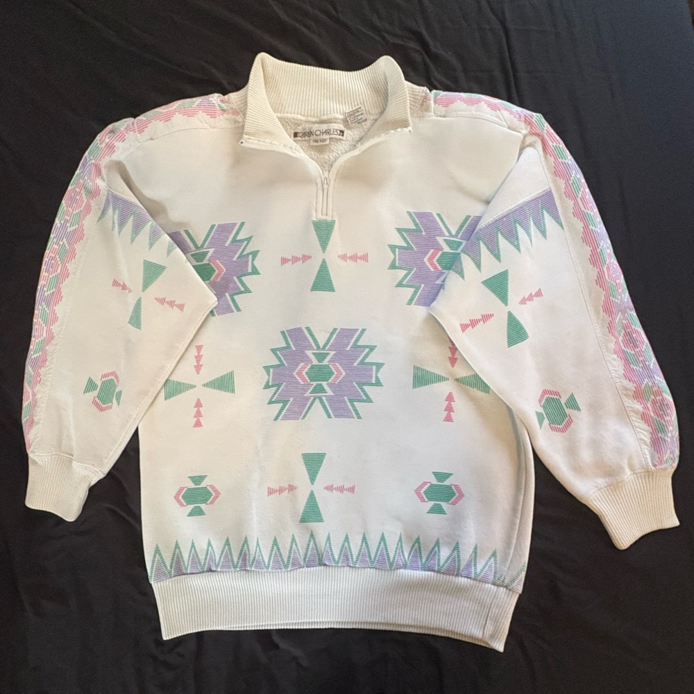 80s southwest aztec pastel half zip sweatshirt sz L w/ shoulder pads